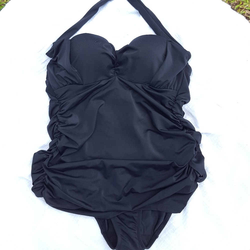 LANE BRYANT CACIQUE Black Halter Rouched One-Piece Swimsuit  Size 18